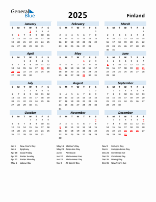 Finland current year calendar 2025 with holidays