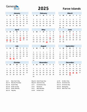 Faroe Islands current year calendar 2025 with holidays