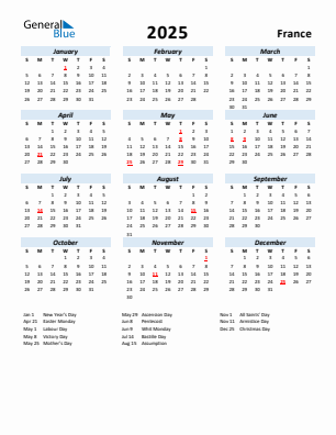 France current year calendar 2025 with holidays