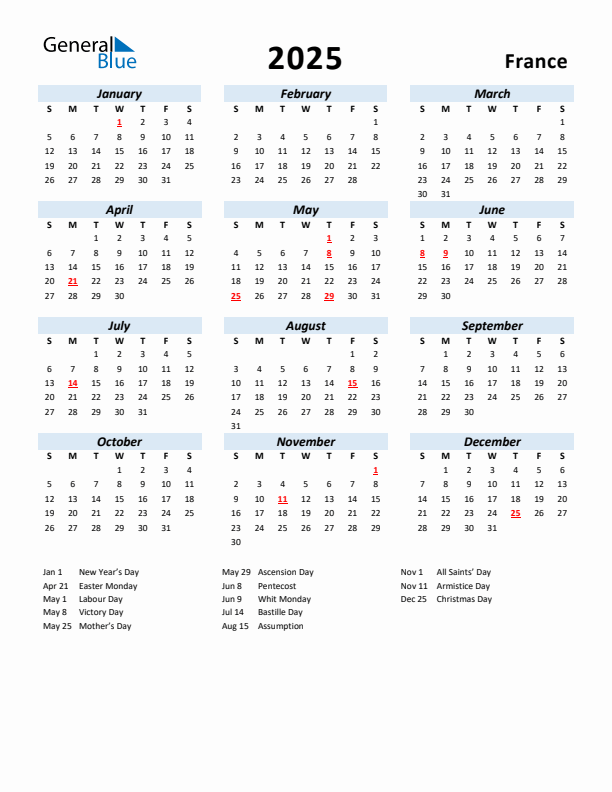 2025 Calendar for France with Holidays