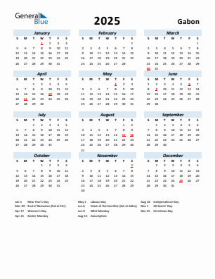 Gabon current year calendar 2025 with holidays