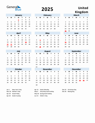 United Kingdom current year calendar 2025 with holidays