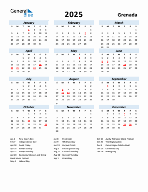 Grenada current year calendar 2025 with holidays