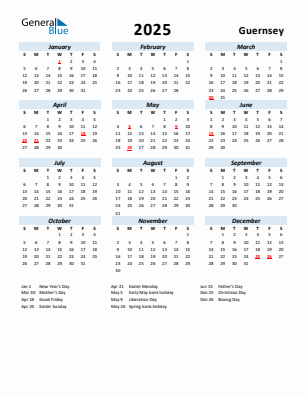 Guernsey current year calendar 2025 with holidays