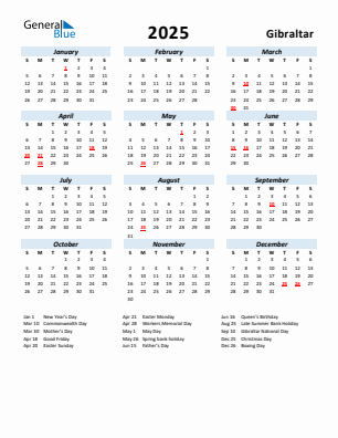 Gibraltar current year calendar 2025 with holidays