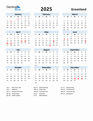 Greenland current year calendar 2025 with holidays