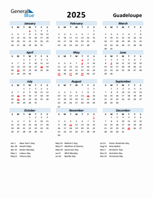 Guadeloupe current year calendar 2025 with holidays