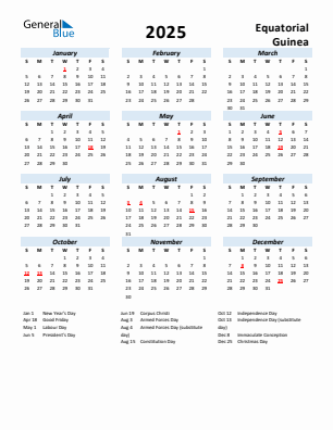 Equatorial Guinea current year calendar 2025 with holidays