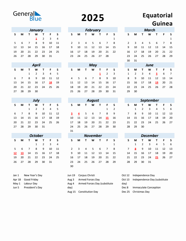 2025 Calendar for Equatorial Guinea with Holidays