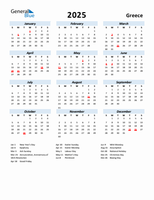 Greece current year calendar 2025 with holidays