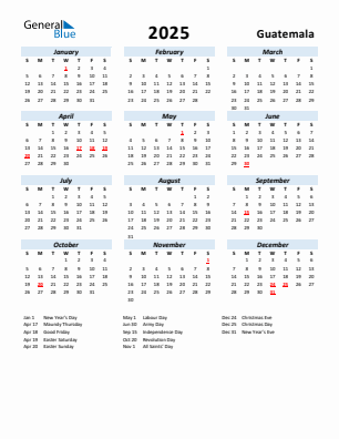 Guatemala current year calendar 2025 with holidays