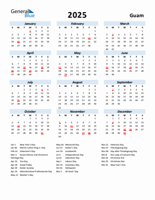 Guam current year calendar 2025 with holidays