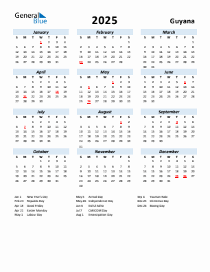 Guyana current year calendar 2025 with holidays