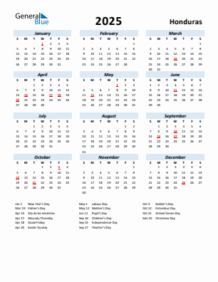 Honduras current year calendar 2025 with holidays