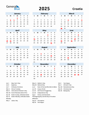 Croatia current year calendar 2025 with holidays