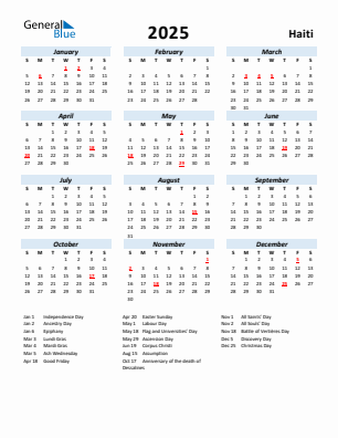 Haiti current year calendar 2025 with holidays