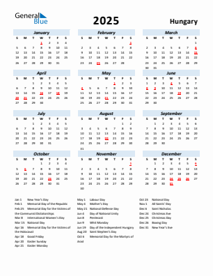 Hungary current year calendar 2025 with holidays