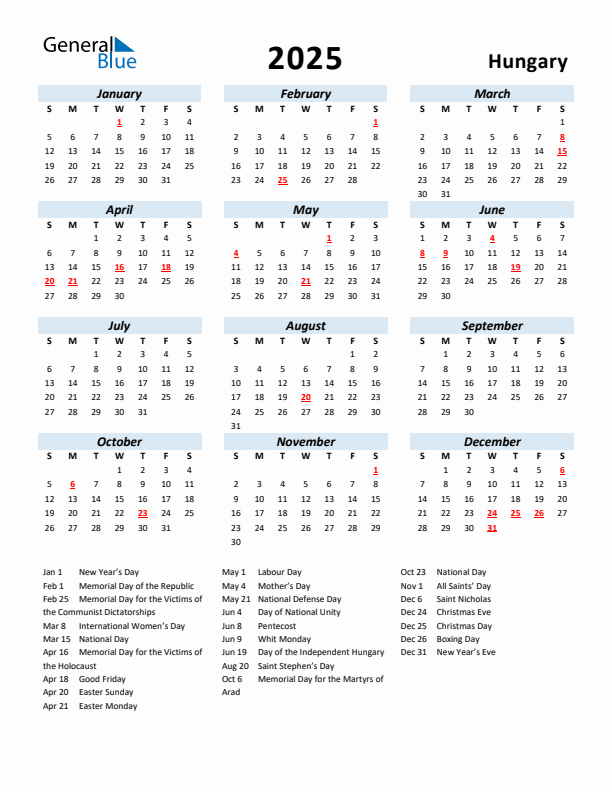 2025 Calendar for Hungary with Holidays