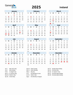 Ireland current year calendar 2025 with holidays