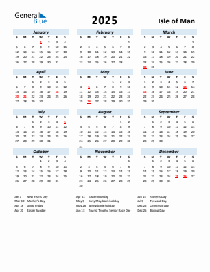 Isle of Man current year calendar 2025 with holidays