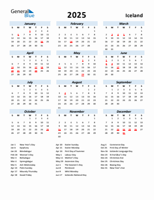 Iceland current year calendar 2025 with holidays