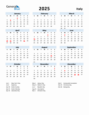 Italy current year calendar 2025 with holidays