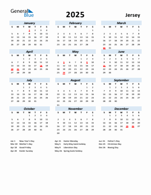 Jersey current year calendar 2025 with holidays