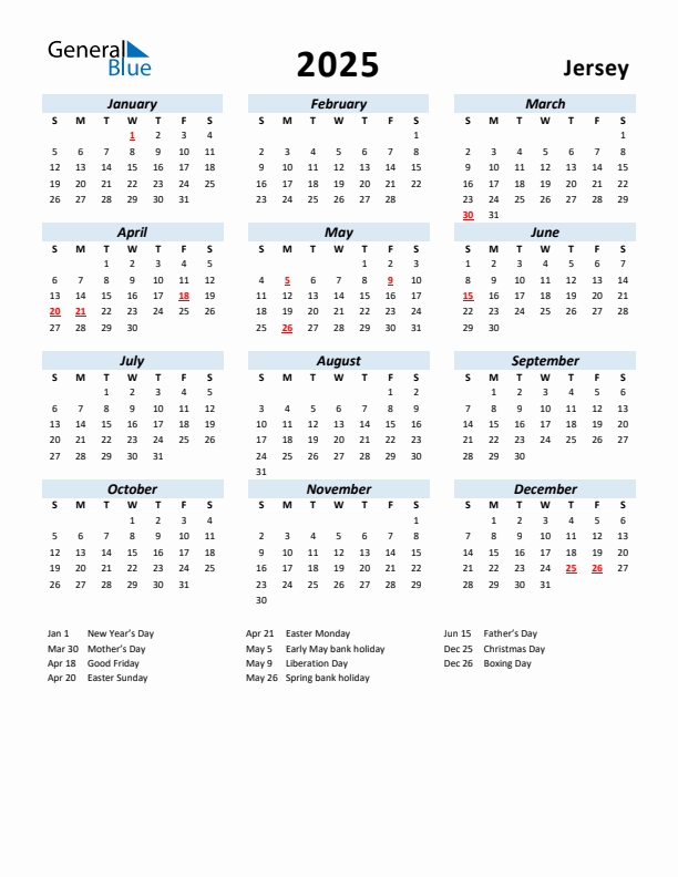 2025 Calendar for Jersey with Holidays