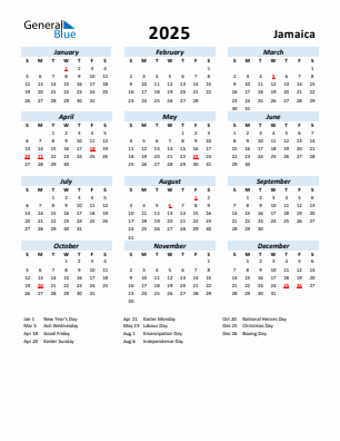 Jamaica current year calendar 2025 with holidays