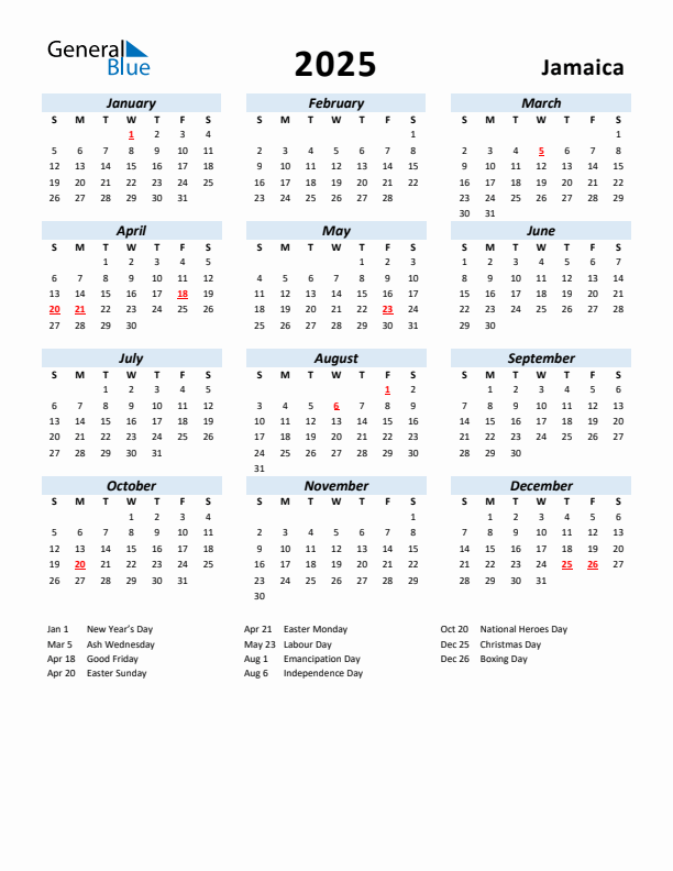 2025 Calendar for Jamaica with Holidays