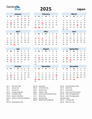 Japan current year calendar 2025 with holidays