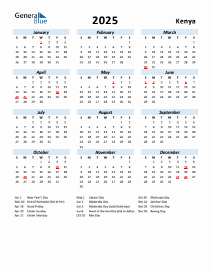 Kenya current year calendar 2025 with holidays