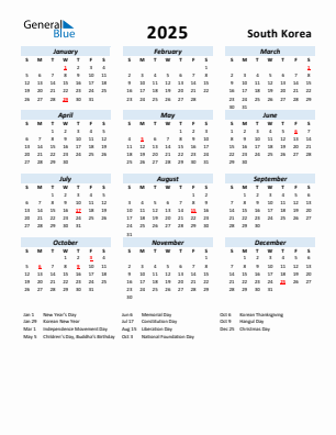 South Korea current year calendar 2025 with holidays