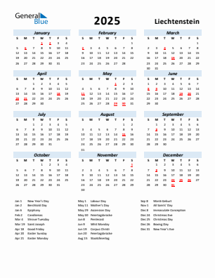 Liechtenstein current year calendar 2025 with holidays