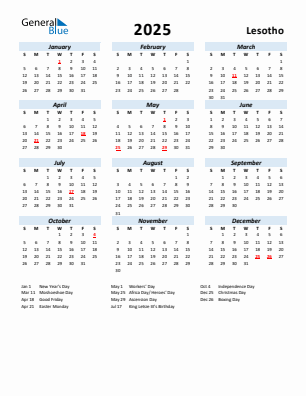 Lesotho current year calendar 2025 with holidays