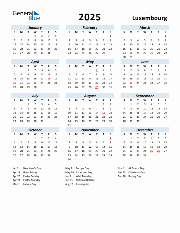 2025 Calendar for Luxembourg with Holidays