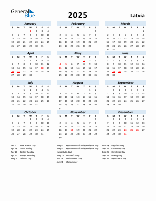 Latvia current year calendar 2025 with holidays