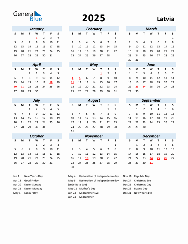 2025 Calendar for Latvia with Holidays