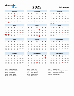 Monaco current year calendar 2025 with holidays