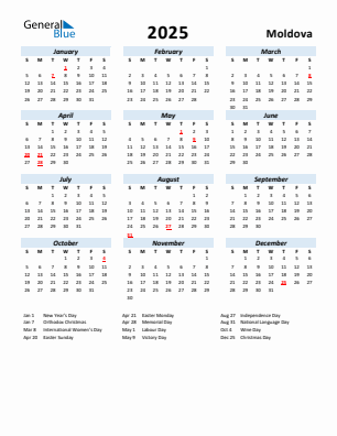 Moldova current year calendar 2025 with holidays