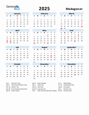 Madagascar current year calendar 2025 with holidays