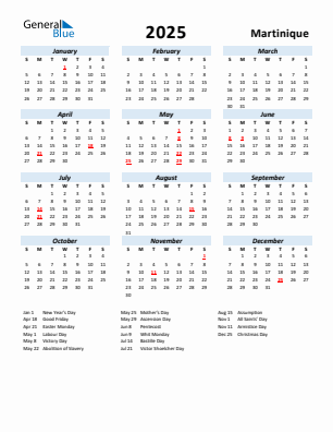 Martinique current year calendar 2025 with holidays