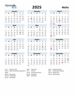 Malta current year calendar 2025 with holidays