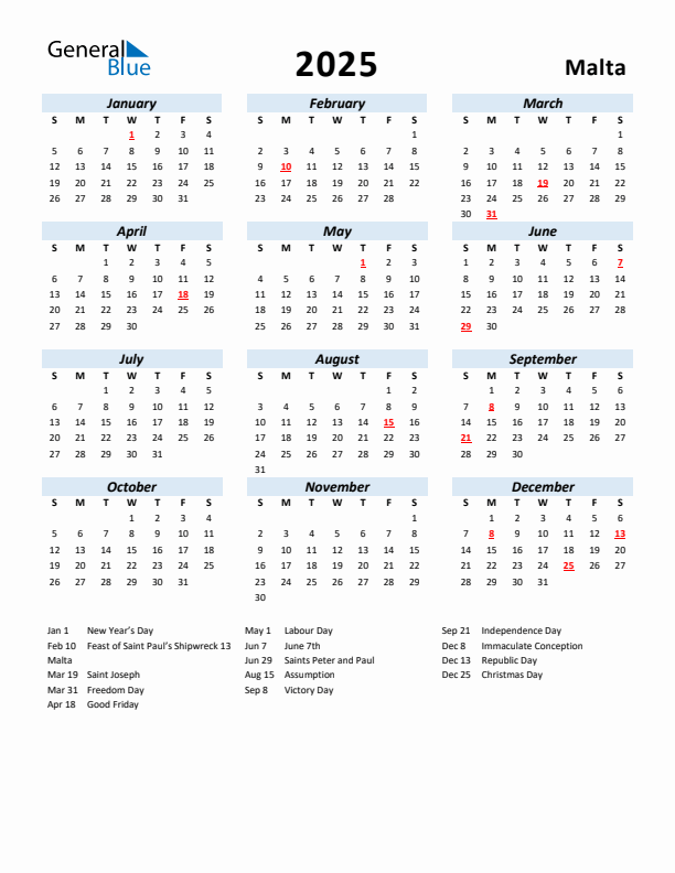 2025 Calendar for Malta with Holidays