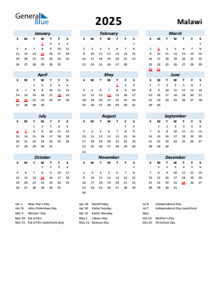 Malawi current year calendar 2025 with holidays