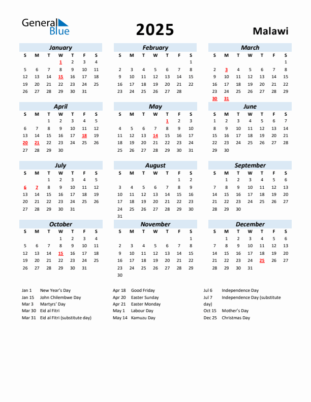 2025 Calendar for Malawi with Holidays