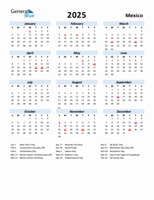 Mexico current year calendar 2025 with holidays