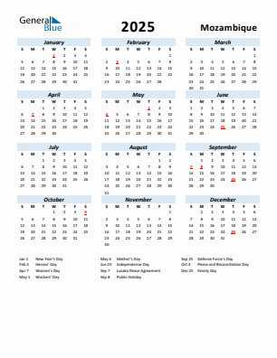 Mozambique current year calendar 2025 with holidays