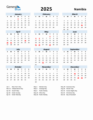 Namibia current year calendar 2025 with holidays