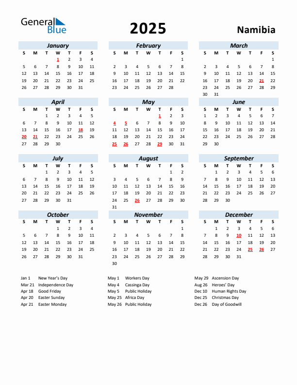 2025 Calendar for Namibia with Holidays